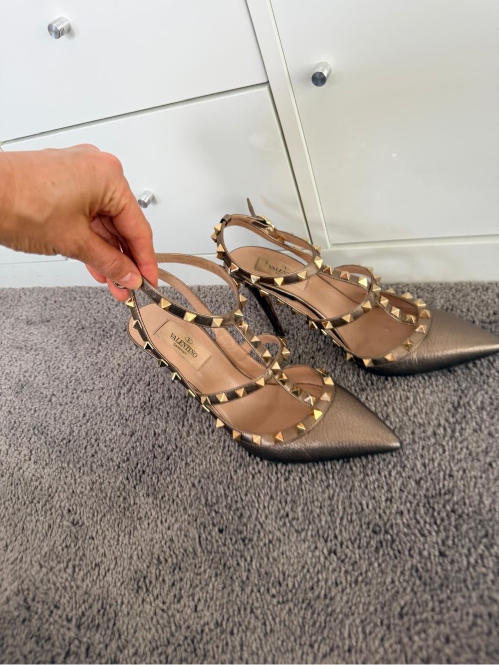 Valentino Metallic Taupe Rockstud Pointed Slingback Heels